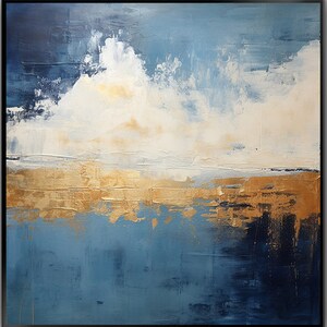 Golden Textured Abstract Painting: White Cloud & Blue Sky Wall Art