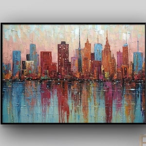Handmade New York Cityscape Painting: Textured Abstract Acrylic Oil Art