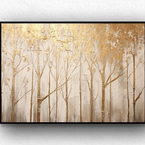 Golden Birch Tree Oil Painting: Abstract Gold Leaf Landscape Wall Art