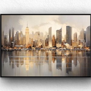 Handmade Large Abstract Oil Painting: New York Cityscape Wall Art