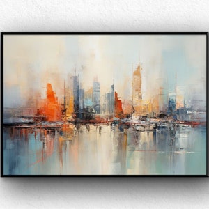 Hand-Painted New York Cityscape: Beige & Gray Abstract Acrylic Oil Painting