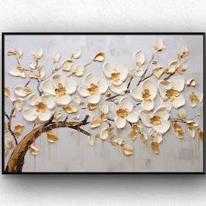 Golden Tree Oil Painting: Abstract Birch & Gold Leaf on Canvas