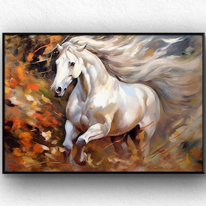 白い馬の油絵：抽象的な現代の馬の芸術 - Etsy 日本