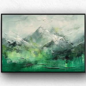 Large Original Mountain Oil Painting On Canvas, Abstract Green Landscape Painting, Living Room Wall Art, Custom Textured Modern Painting Art