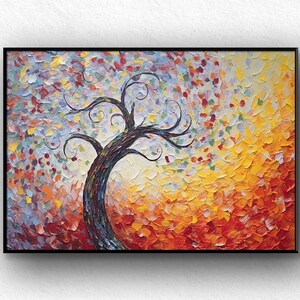 Abstract Tree Oil Painting on Canvas, Large Wall Art Original Minimalist Tree Landscape Art Custom Painting Autumn Decor Living Room Decor