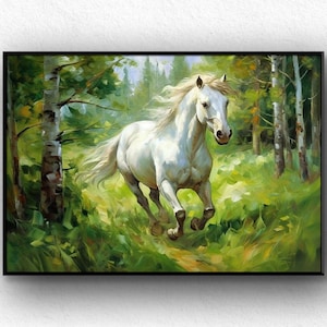 Large White Horse Canvas Oil Painting, Large Horse in Forest Painting, Horses Wall Art Luxury Wall Decor Living Room Wall Decor White Horse
