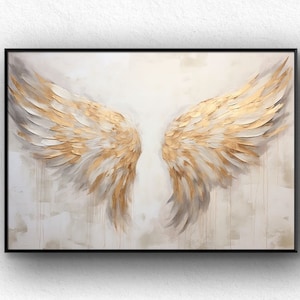 Large Gold Angel Wing Oil Painting on Canvas, Abstract Original Modern Minimalist Custom 3D Textured Acrylic Painting Bedroom Wall Art Decor