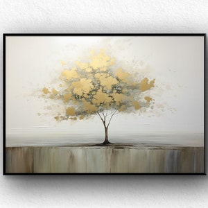Abstract Golden Tree Oil Painting: Modern Minimalist Wall Art