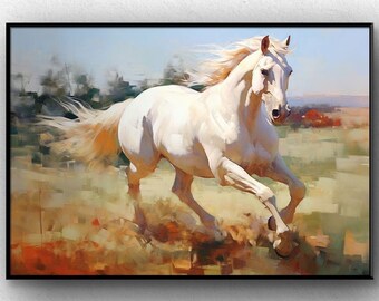 HORSE 油絵アート 走る白い馬の大きな油絵：動物の壁アート - Etsy 日本