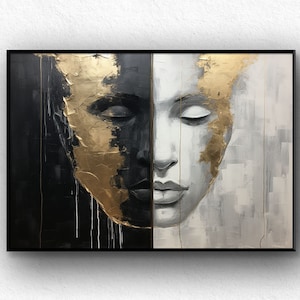 Pintura de rostros abstractos: pan de oro, arte acrílico figurativo