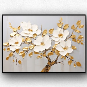 Original Gold Blumen Ölgemälde auf Leinwand, große Wandkunst, abstrakte minimalistische Blumenwand Kunst individuelle Malerei modernes Wohnzimmer Dekor ...