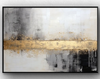 Gold leaf original textured abstract art, Abstract painting white black gold leaf, palette knife abstract with black / gold floating frame..