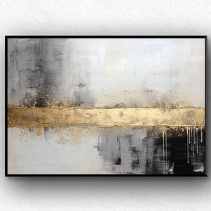 Gold leaf original textured abstract art, Abstract painting white black gold leaf, palette knife abstract with black / gold floating frame..