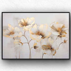 Original Gold Blumen Ölgemälde auf Leinwand, große Wandkunst, abstrakte minimalistische Blumenwand Kunst individuelle Malerei modernes Wohnzimmer Dekor ...