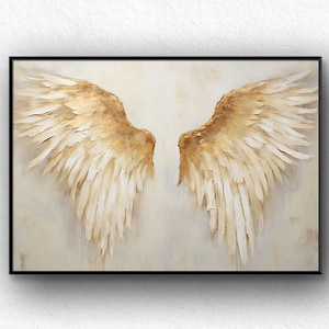 Original Angel Wing Oil Painting on Canvas, Large Abstract Golden Wings Canvas Wall Art, Modern Minimalist Artwork for Living Room Bedroom..