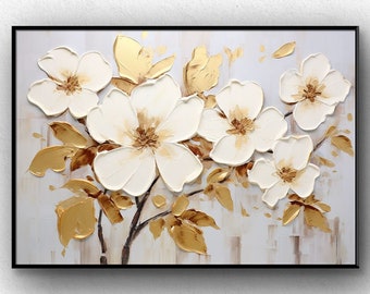 Grande dipinto ad olio originale di fiori in oro su tela, arte della parete su tela, pittura floreale bianca astratta, pittura personalizzata, arredamento moderno del soggiorno