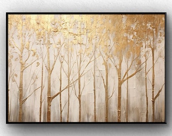 Large Golden Tree Landscape Oil Painting on Canvas Original Abstract Yellow Birch Gold Leaf Acrylic Painting Living Room Wall Art Home Decor