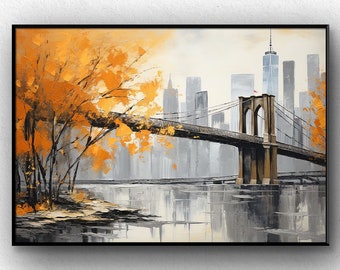 Ponte di Brooklyn, 100% fatto a mano, Pittura di New York City, Pittura strutturata, Pittura a olio astratta acrilica, Paesaggio urbano, Città d'arte, Parete dell'ufficio