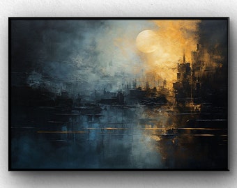 100% Handmade Full Moon Landscape, Textured Painting, Ocean Acrylic Abstract Oil Painting Dark City Wall Decor Living Room Office Wall Art