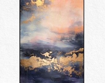 Sky Abstract Oil Painting on Canvas: Textured Gold Accent Wall Art