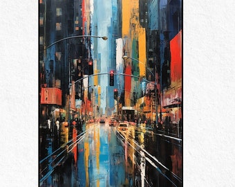 Handmade Abstract NYC Skyline Oil Painting: Cityscape Canvas Art