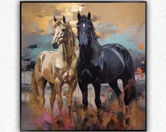 大きな抽象的な茶色の馬の油絵：オリジナルの動物アート（40x24インチ