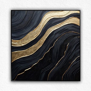 Handmade Black Gold Abstract Wall Art, Gold 3D Oil Painting, Large Black Textured Wall Art, Wabi-sabi Wall Art Modern Abstract Wall Painting