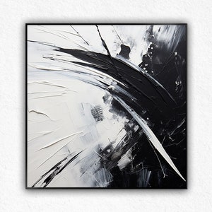 Large Black and White Abstract Oil Painting: Textured Wave Wall Art