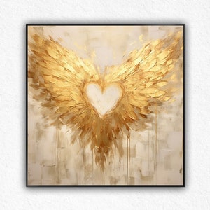 Golden Angel Wings Oil Painting on Canvas - Framed Wall Art