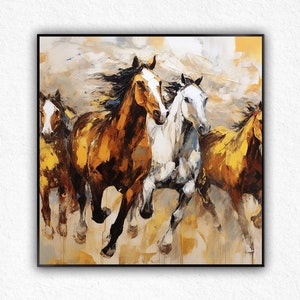 Handmade Brown Horses Wall Decor, Original Painting  Royal Deer Canvas Wall Art, Wild Horses Abstract Painting, Living Room,Office Wall Art.