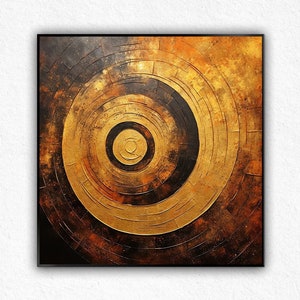 Groot abstract olieverfschilderij met gouden cirkel op canvas - minimalistische muurkunst