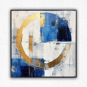 Goud en blauw abstract schilderij op canvas - modernistische muurkunst