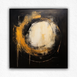 Large Abstract Circle Painting: Black and Gold Canvas Wall Art