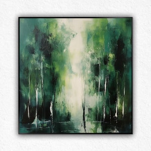 Abstract Forest Oil Painting On Canvas, Large Wall Art,Original Green Tree Painting River Landscape Art,Custom Painting,Living Room Decor