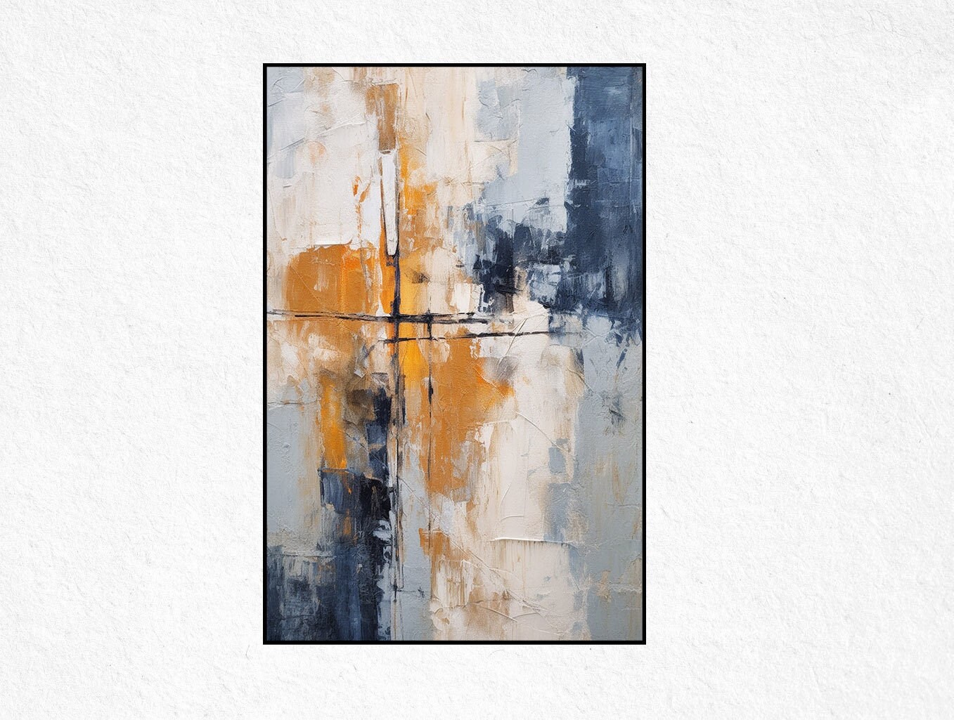 Abstract Oil Painting on Canvas: Beige, Blue & Gray Minimalist Art