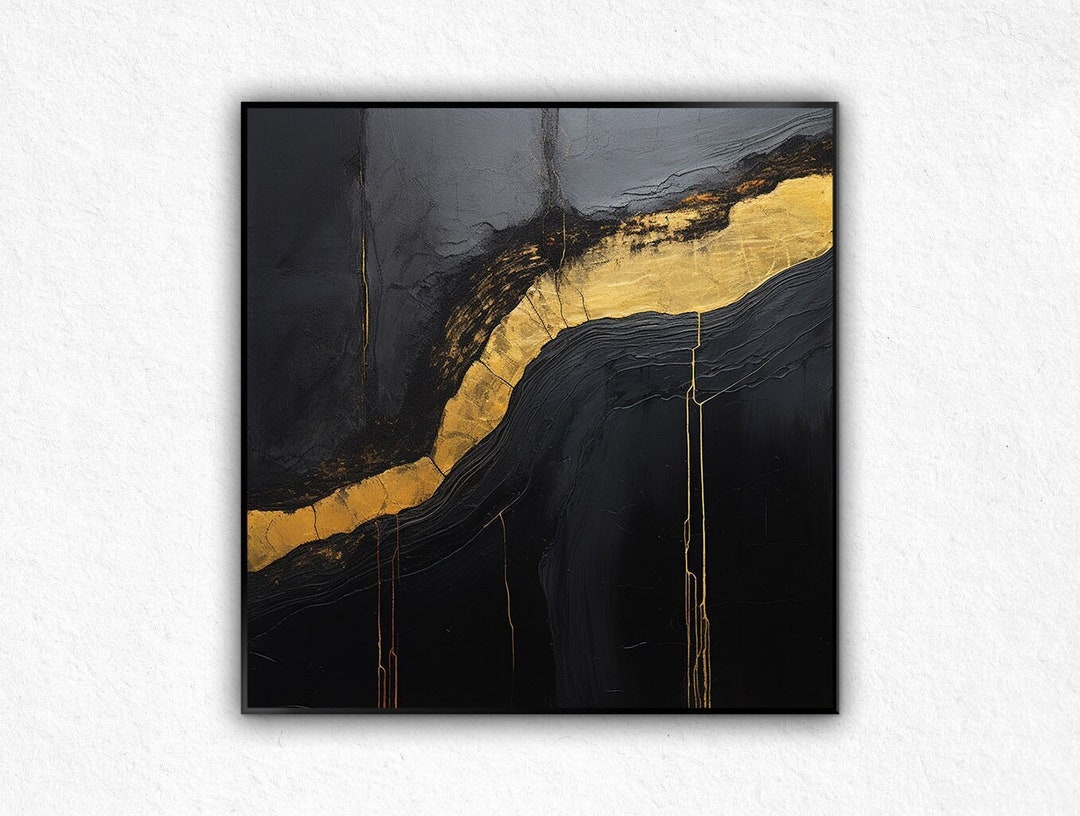 Large Black and Gold Abstract Oil Painting: Minimalist Textured Wall ...