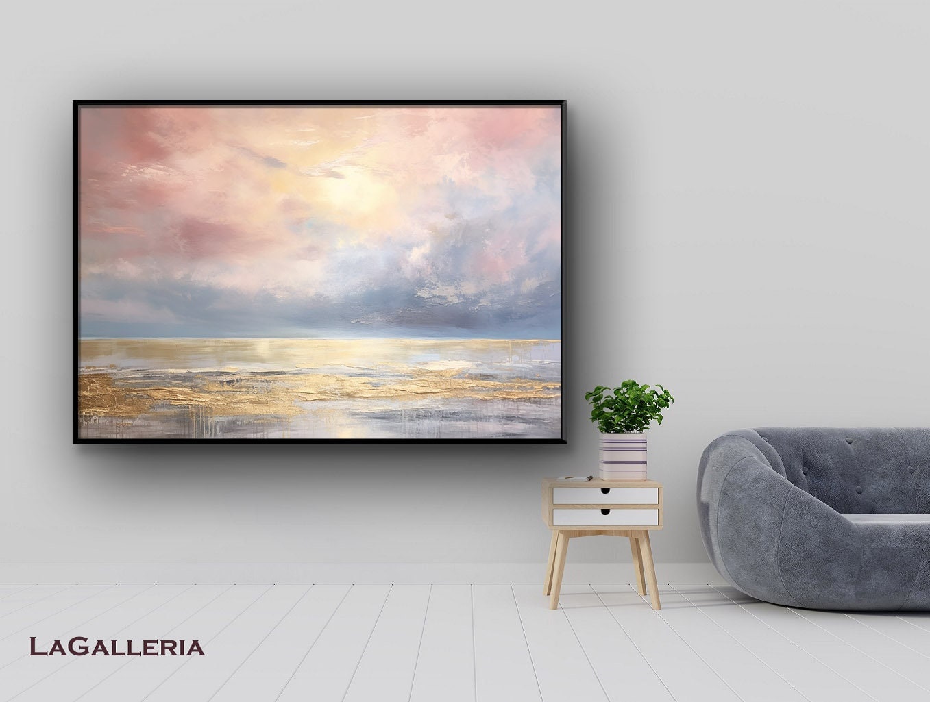Landscape Sea, Gold Blue And Pink 100% Handmade, Textured Painting, Acrylic Abstract Oil Painting, Wall Decor Living Room, Office Wall Art