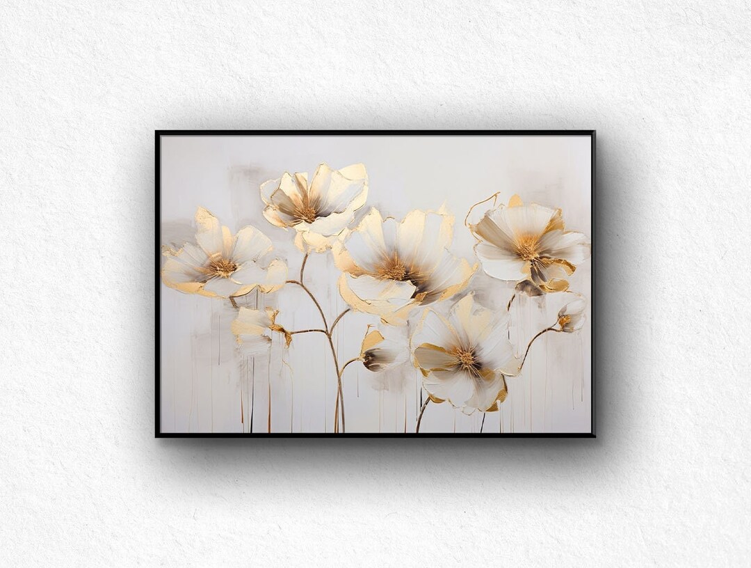 Original Gold Flower Oil Painting on Canvas: Abstract Floral Wall Art ...