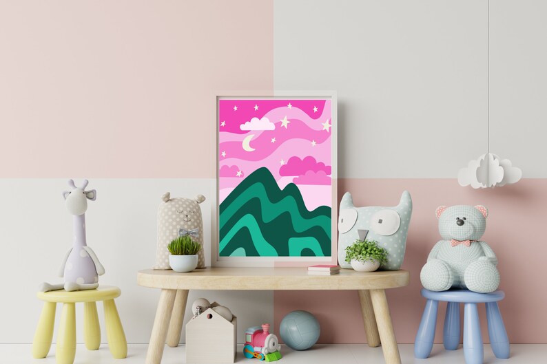 Pink Starry Nightkids Room Art, Art Poster, Children's Room Artwork, Colorado, Mountain Wall