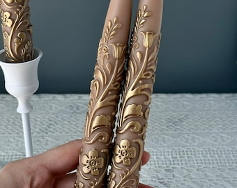 Gold Vintage Floral Taper Candles | Elegant Old Money Decor | Fall handmade table decor