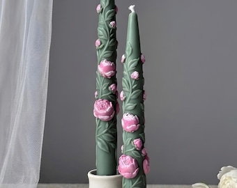 Peony Taper Candles Set of 2, Floral Dinner Candles, Wedding Table Decor, Spring Centerpiece, Gift for Her