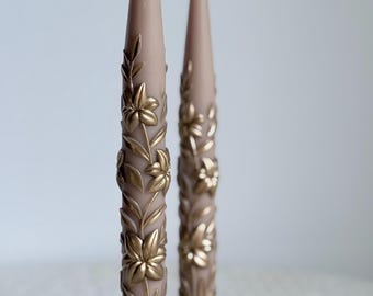 Gold Floral Taper Candle, Hand Painted Dinner Candle, Elegant Decorative Table Decor