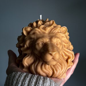 May include: A hand holds a brown beeswax candle shaped like a lion's head. The candle has a white wick.