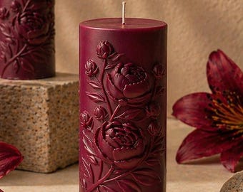 Vela cilíndrica de peonía, vela floral, vela artesanal de cera de soja y abeja, regalo de decoración otoñal, centro de mesa vintage.