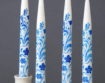 Blue Hand Painted Taper Candles | Delft Chinoiserie Table Decor | blue Coastal Gift