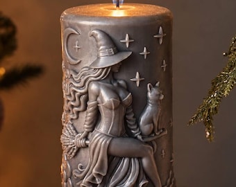 Gothic Witch Pillar Candle | Dark Academia Halloween Decor | Handmade Fall Gift