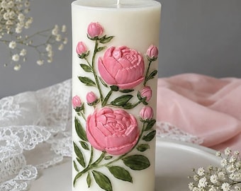 Peony Pillar Candle Hand Painted, Floral Gift for Her, Wedding Decor, Table Centerpiece