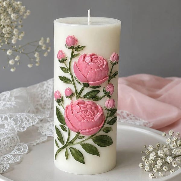 Peony Pillar Candle Hand Painted, Floral Gift for Her, Wedding Decor, Table Centerpiece