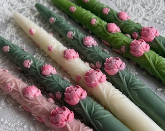 Handmade Peony Taper Candles Set, Floral Dinner Candles, Wedding Table Decor, Spring Centerpiece