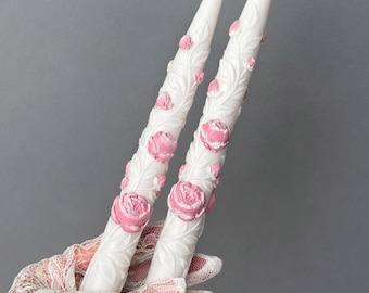 Peony Taper Candles Set, Floral Dinner Candles, Wedding Table Decor, Spring Centerpiece